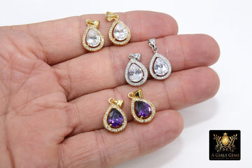 CZ Teardrop Pendants, Clear or Amethyst Drop Bezels #2724, Silver Gemstone Pear Shape Pendants
